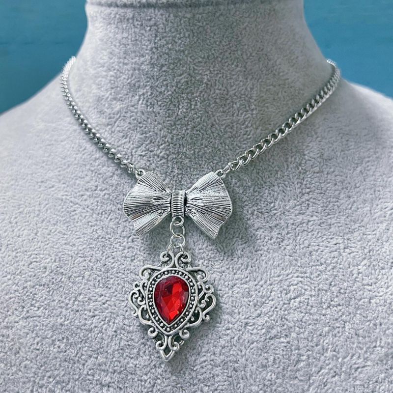 Fashion Red Alloy Diamond Drop-shaped Bow Necklace