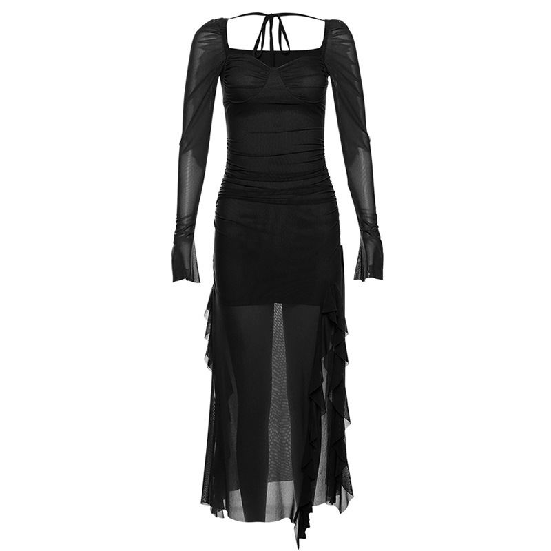 Fashion Black Mesh Ruffled Long Sleeve Square Neck Maxi Dress