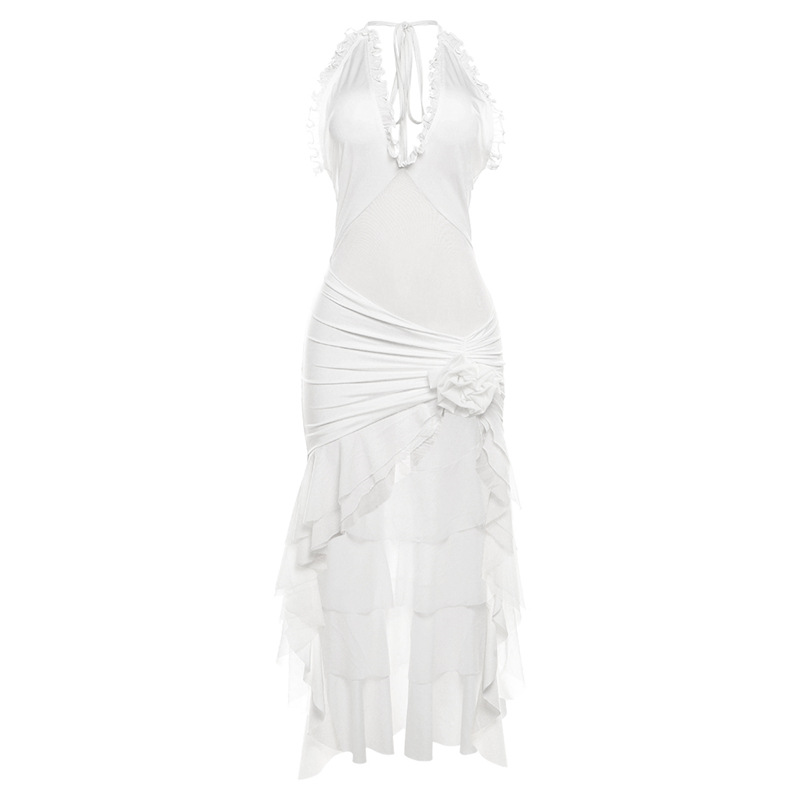 Fashion White Halterneck Lace-up Ruffled Long Skirt