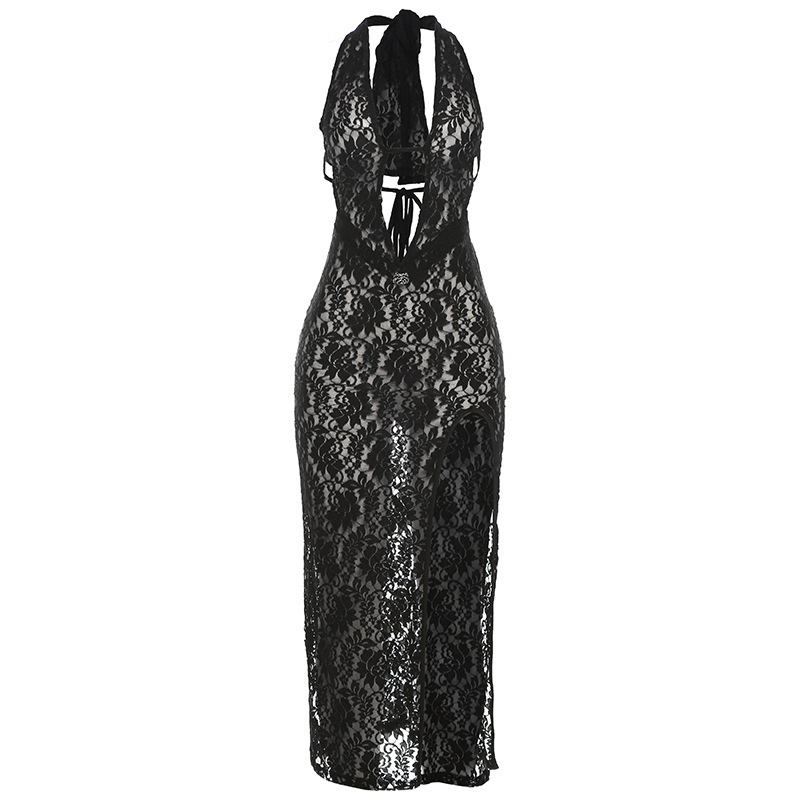 Fashion Black Halterneck Strappy Deep V Hollow Slit Long Skirt