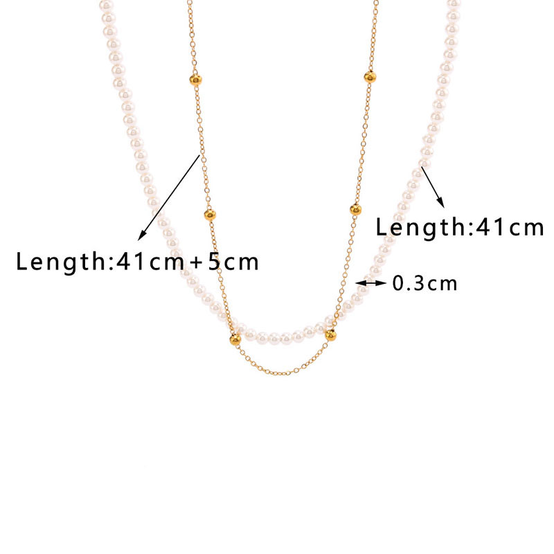 Fashion Gold Stainless Steel Pearl Beads Ball Chain Double Layer Necklace
