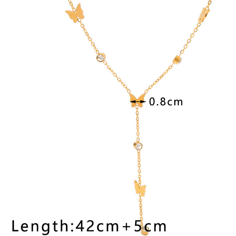 Fashion Gold Titanium Steel Diamond Butterfly Y-shape Necklace