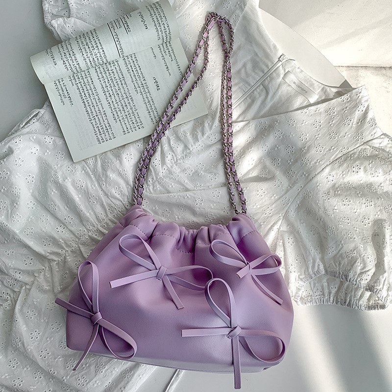 Fashion Purple Pu Chain Soft Leather Pleated Shoulder Bag