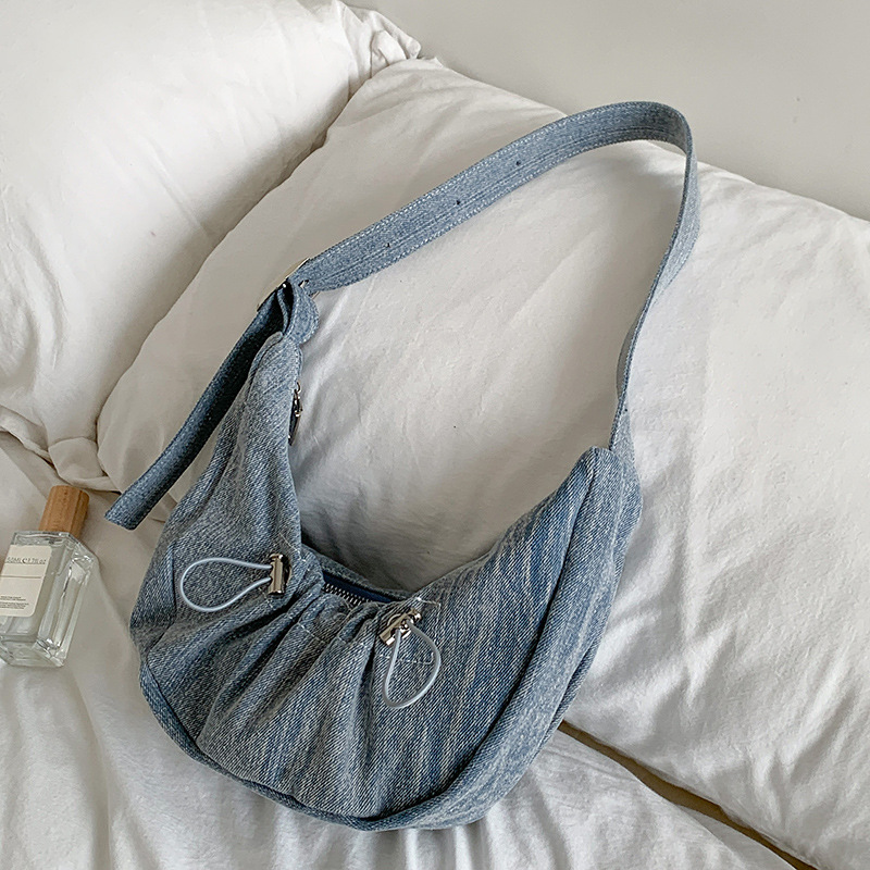 Fashion Light Blue Pu Drawstring Pleated Shoulder Bag