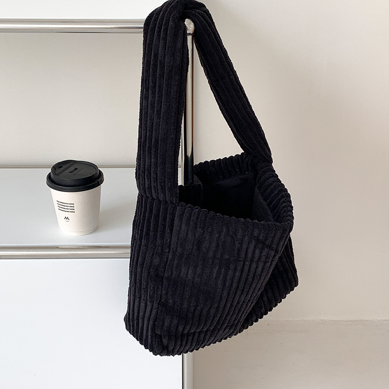 Fashion Black Corduroy Vertical Stripe Large Capacity Shoulder Bag