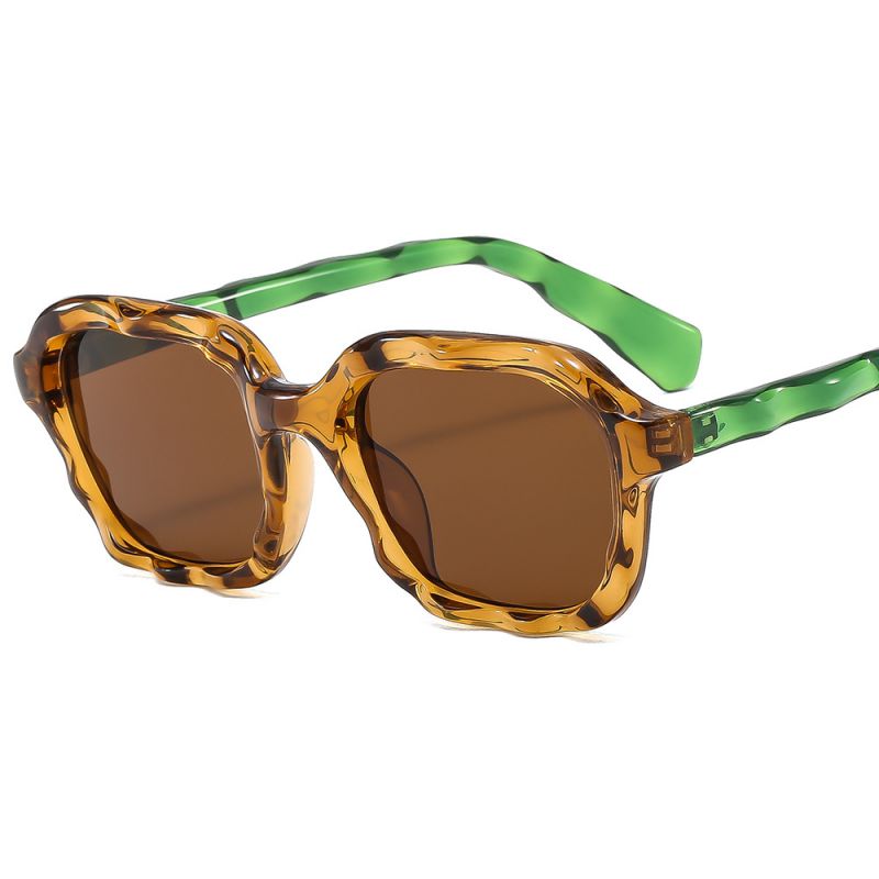 Fashion Tea Frame Green Leg Tea Slices Wavy Square Frame Sunglasses