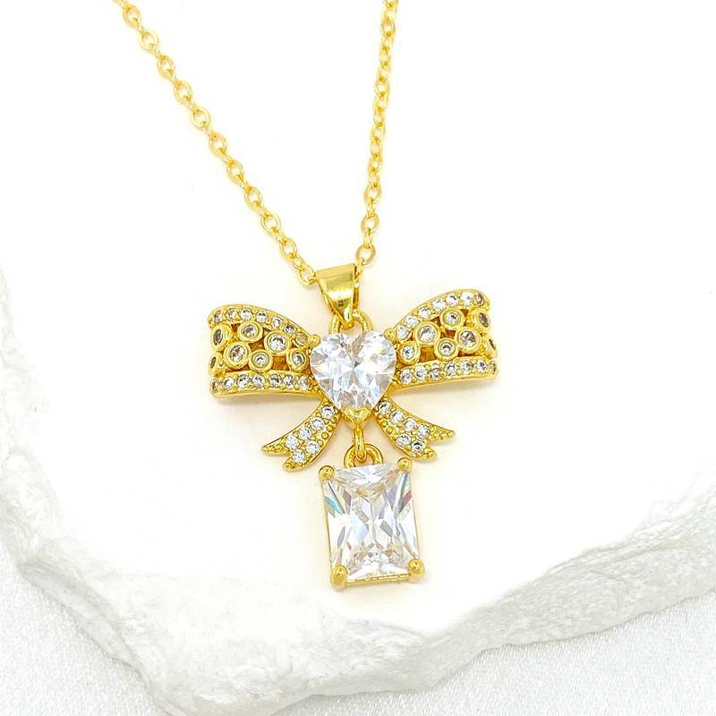 Fashion Ivory White Gold-plated Copper Square Pendant With Diamond Bow