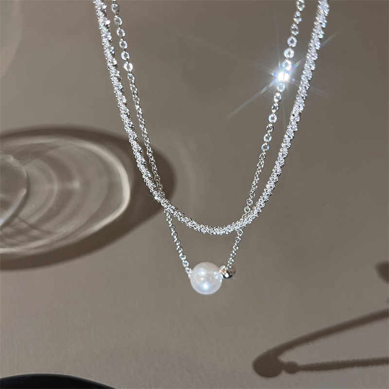 Fashion 8# Alloy Geometric Beaded Pearl Double Layer Necklace