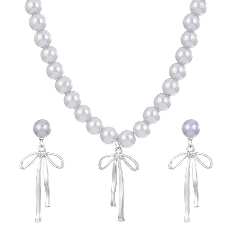 Fashion Silver Alloy Pearl Beads Bow Necklace Earrings Set