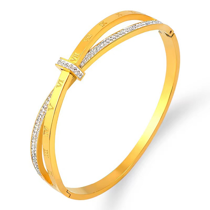 Fashion Gold Titanium Steel Diamond Cross Bracelet