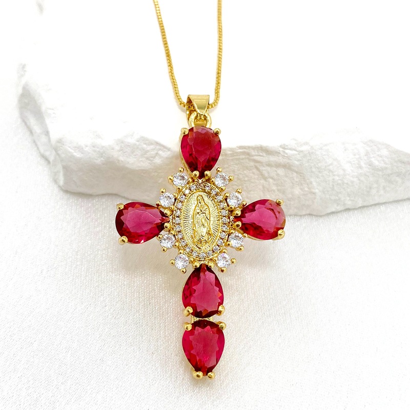 Fashion Red Bronze Zirconia Virgin Cross Necklace