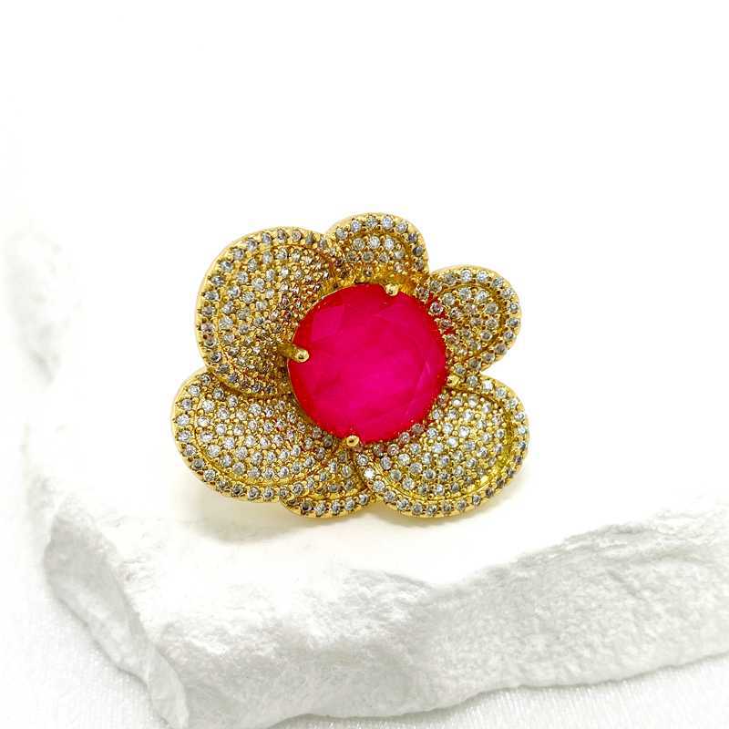 Fashion Red Copper Set Zirconium Flower Open Ring