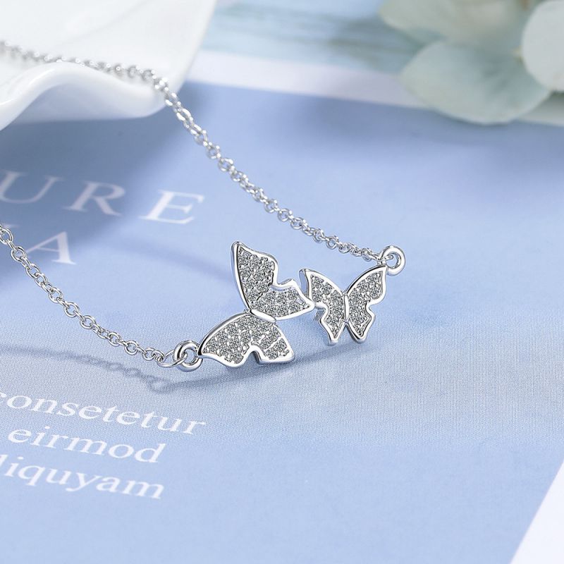 Fashion White Gold Gold Plated Copper Butterfly Necklace With Diamonds