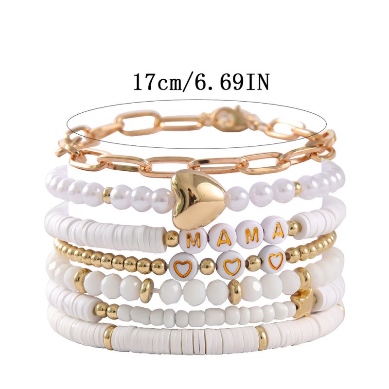 Fashion Gold Metal Pearl Polymer Clay Beads Love Chain Bracelet Set