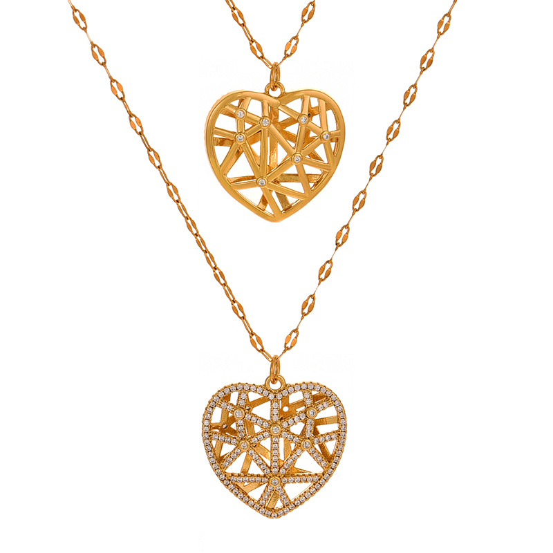 Fashion Golden 2 Titanium Steel Inlaid With Zirconium Hollow Love Pendant Necklace