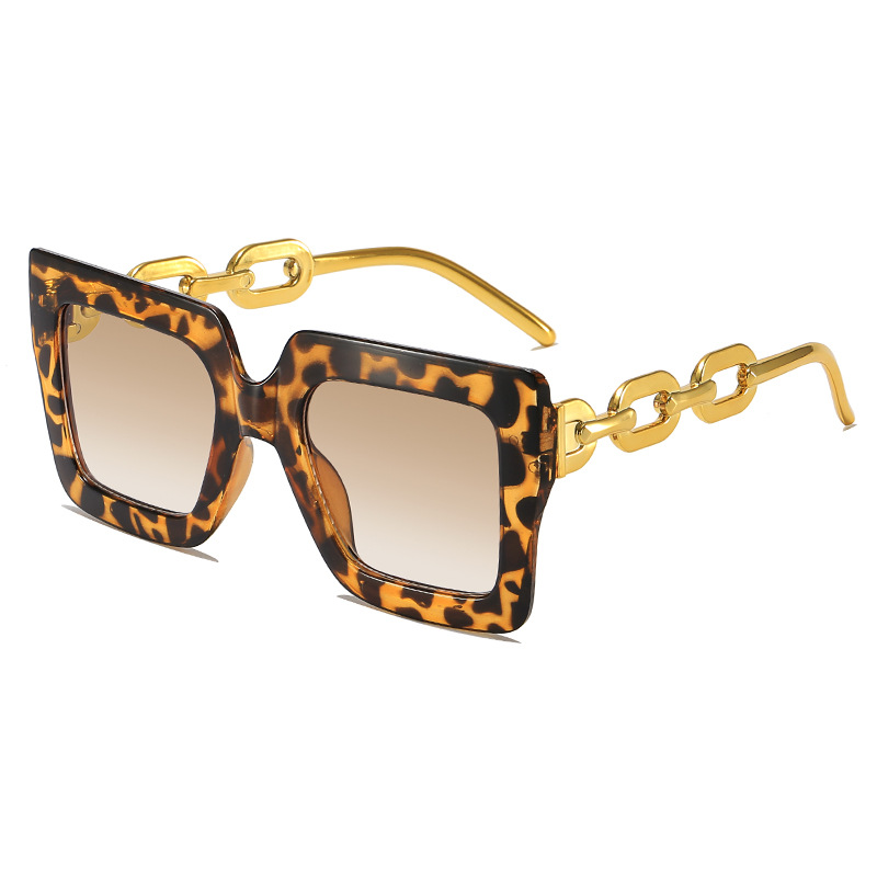 Fashion Leopard Print Framed Tea Slices Metal Chain Square Sunglasses