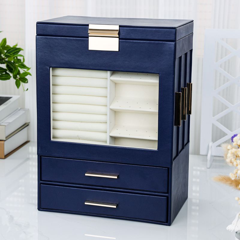 Fashion Navy Blue Pu Window Drawer Jewelry Storage Box