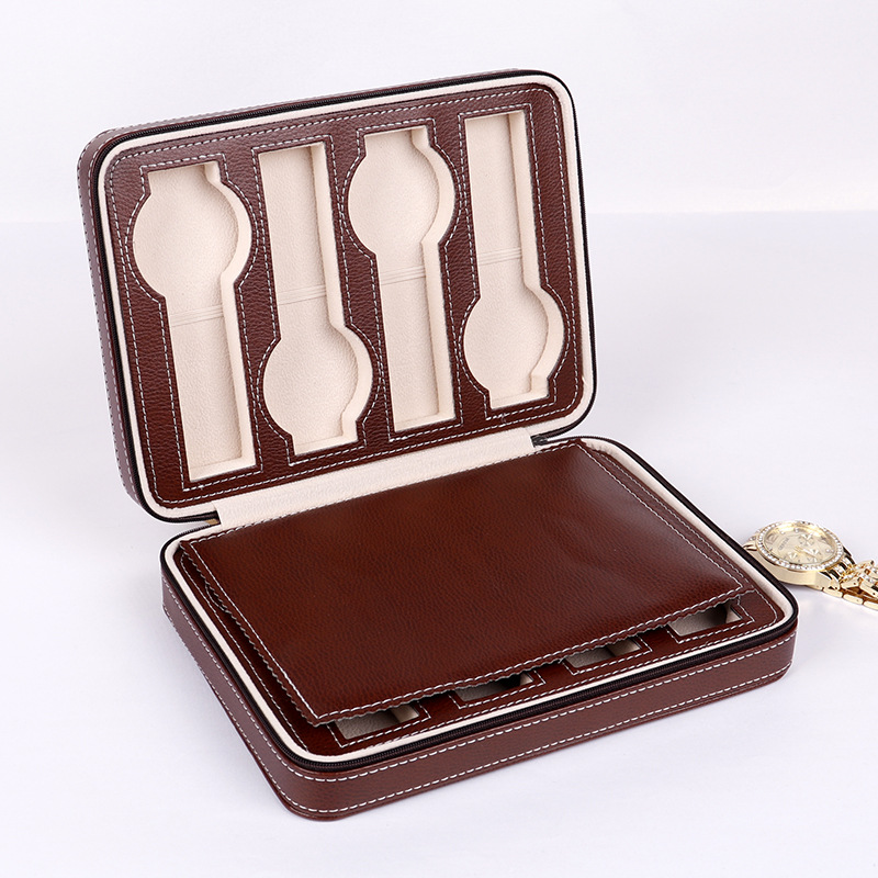 Fashion Brown 8-bit Zipper Bag Pu Rectangular Watch Jewelry Packaging Box