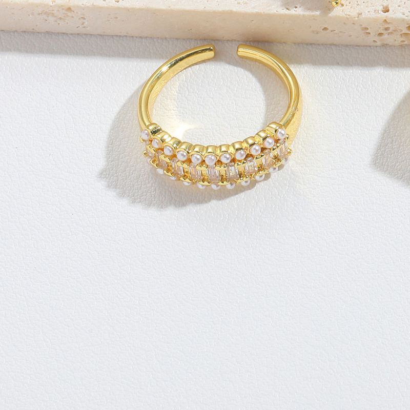 Fashion Double Pearl Gold-plated Copper Geometric Open Ring With Diamonds