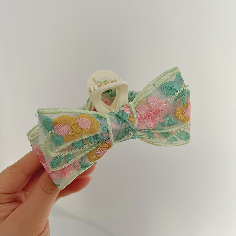 Fashion Green And Pink Embroidered Bow Clip Cotton And Linen Embroidery Wide Edge Gripper