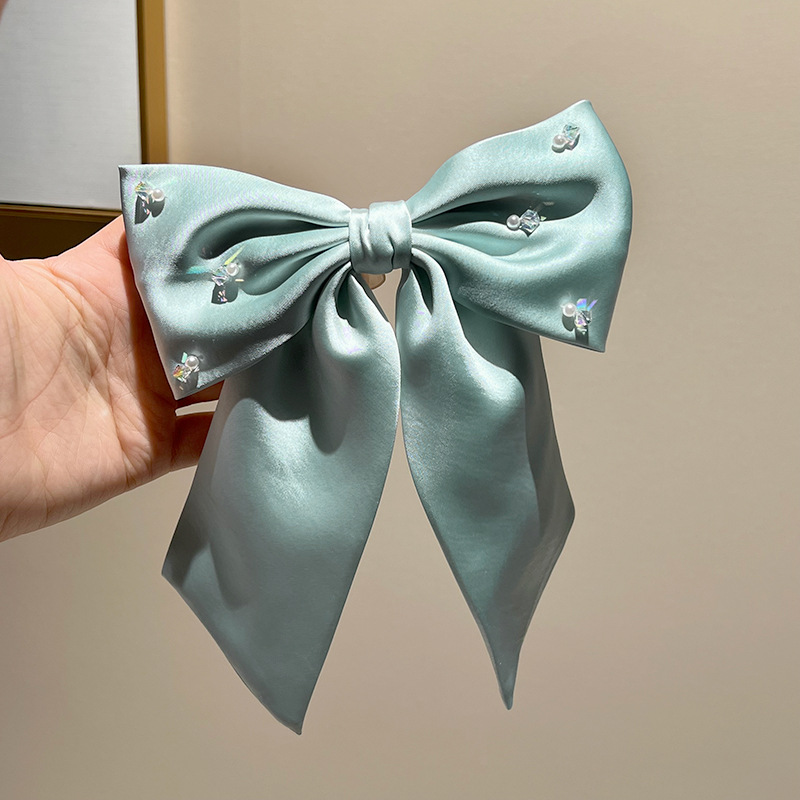 Fashion Blue Pearl Bow Hair Clip Fabric Diamond Bow Hair Clip