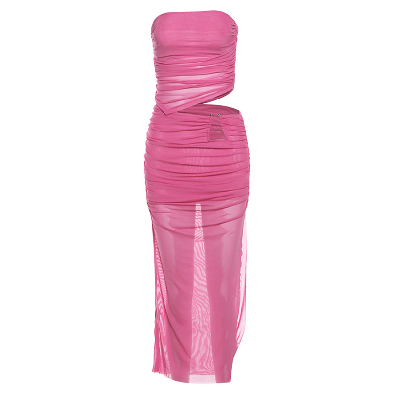 Fashion Pink Polyester Pleated One-shoulder Strapless Mesh Skirt Suit