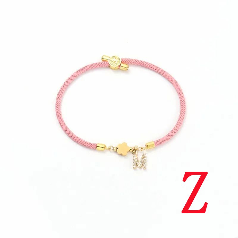 Fashion Pink Five-leaf Titanium Steel + Copper Micro-inlaid Letters + Positioning Beads Z Stainless Steel Diamond 26 Letter Flower Bracelet