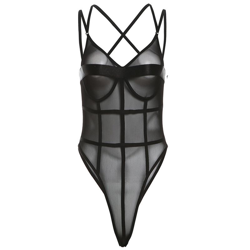 Fashion Black Polyester See-through V-neck Jumpsuit