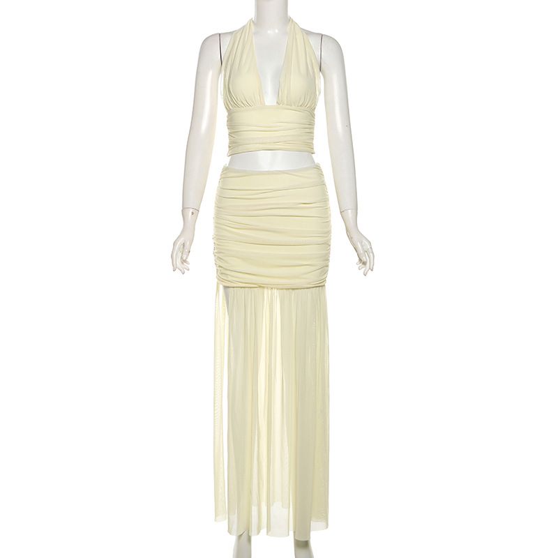 Fashion Yellow Polyester Pleated Halterneck Tank Top Skirt Suit