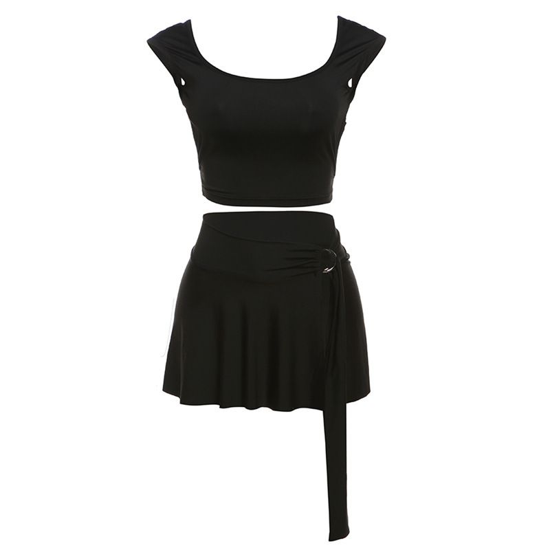 Fashion Black Polyester Navel-baring Vest High-waisted Slit Skirt Suit