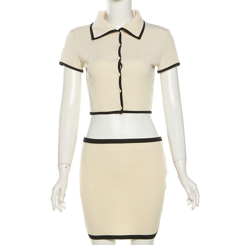 Fashion Khaki Polyester Lapel Short Sleeve Hip-covering Skirt Suit