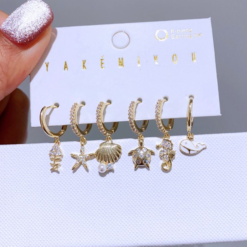Fashion Gold Copper Inlaid Zirconium Shell Starfish Earring Set