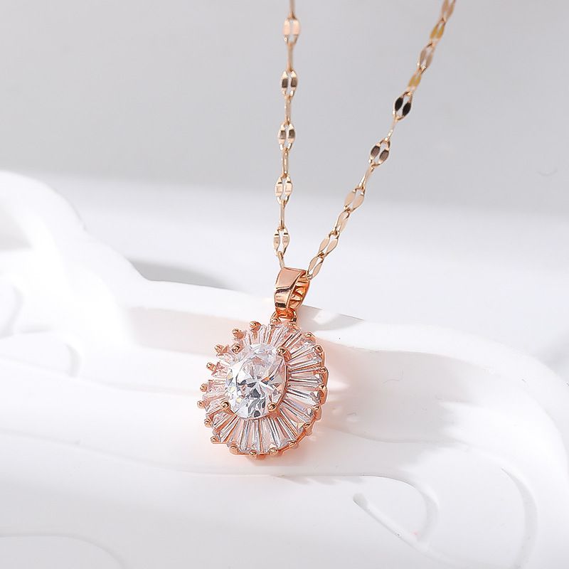 Fashion Rose Gold Titanium Steel Necklace With Zirconium Oval Pendant