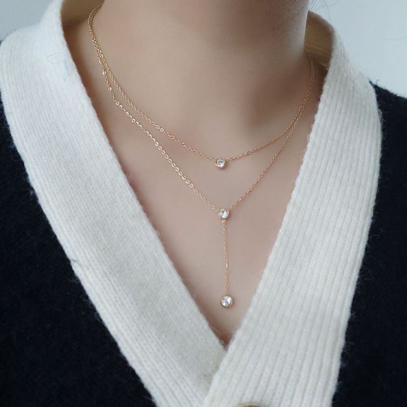 Fashion Rose Gold Titanium Steel Diamond Geometric Double Y-shaped Necklace