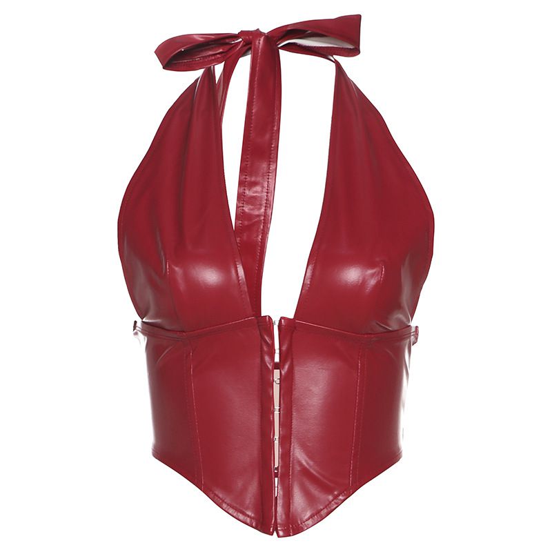 Fashion Red Pu Leather Halter Neck Vest