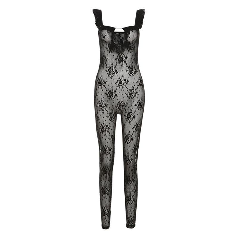 Fashion Black Polyester Hollow Lace See-through Jumpsuit