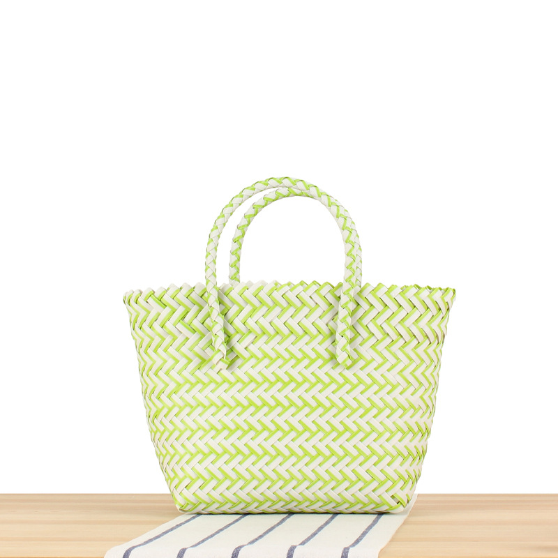 Fashion Light Green (small Plastic Handle) Pvc Bamboo Woven Handbag