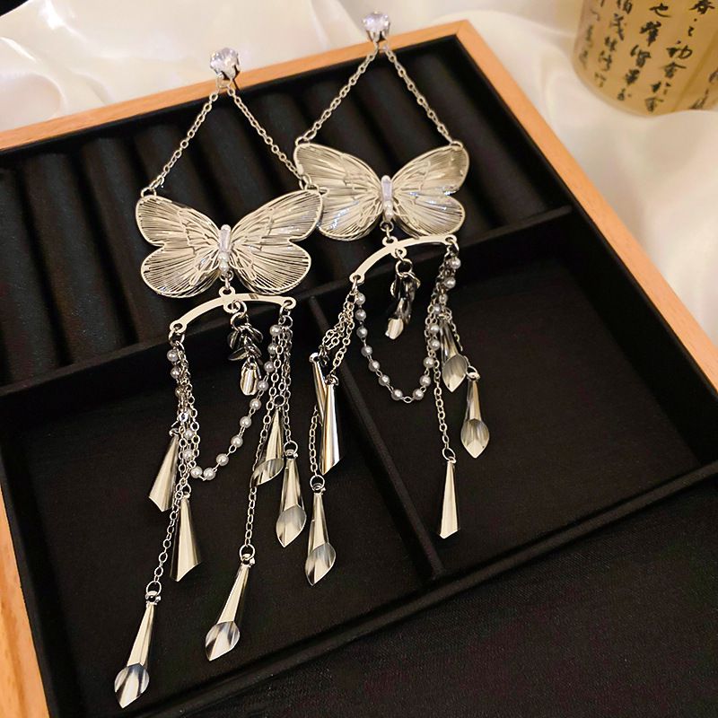 Fashion Silver Copper Butterfly Tassel Earrings