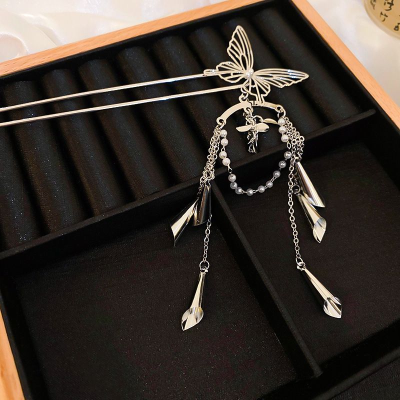Fashion Hairpin-silver Copper Butterfly Tassel Hairpin