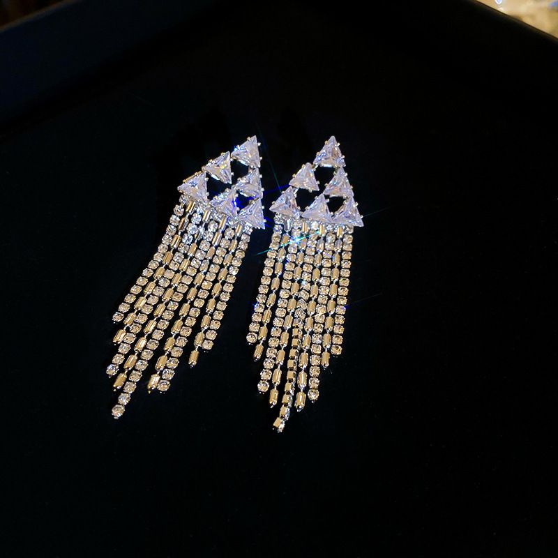 Fashion Silver Copper And Diamond Triangular Tassel Earrings
