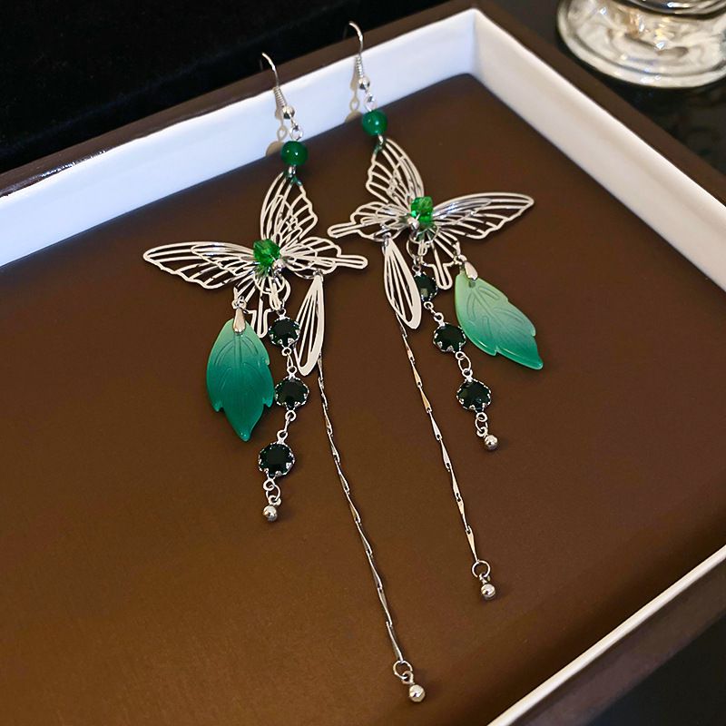 Fashion Ear Hook-silver-green Copper Diamond Butterfly Leaf Tassel Earrings
