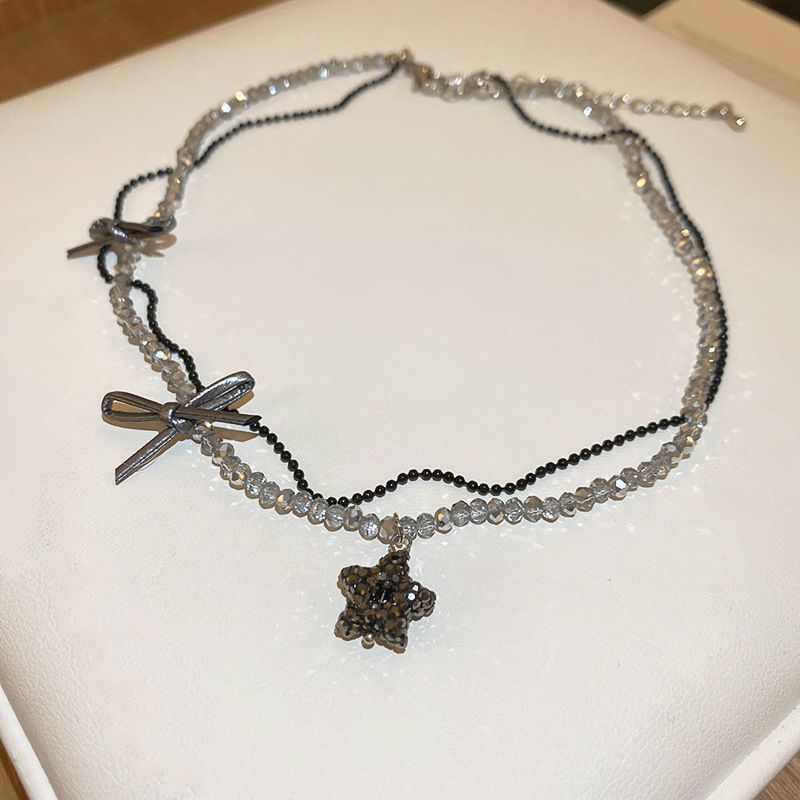 Fashion Necklace - Black - Gray Geometric Crystal Beaded Diamond Butterfly Double Necklace