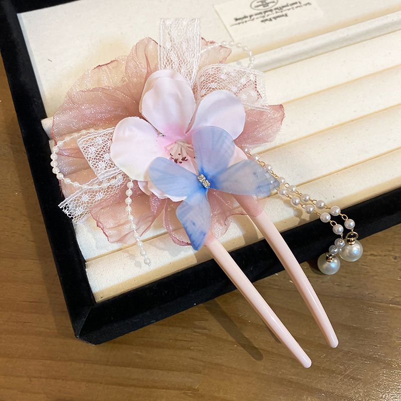Fashion Hairpin-pink-flowers Flower Diamond Butterfly Pearl Hairpin