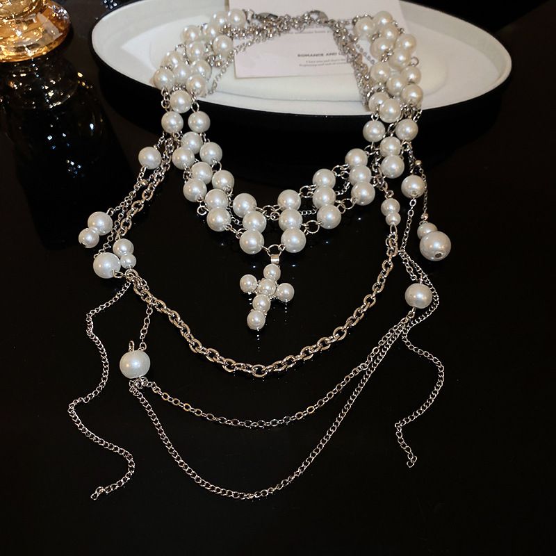Fashion Necklace-white Multilayer Pearl Beaded Cross Pendant Necklace