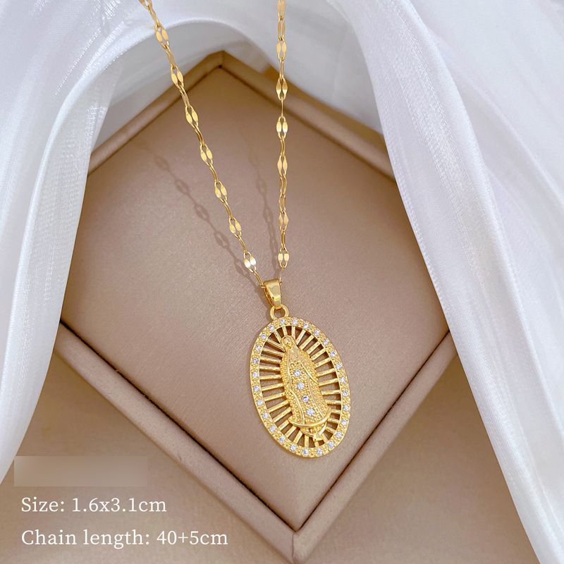 Fashion Gold Titanium Steel Diamond Egg-shaped Portrait Necklace