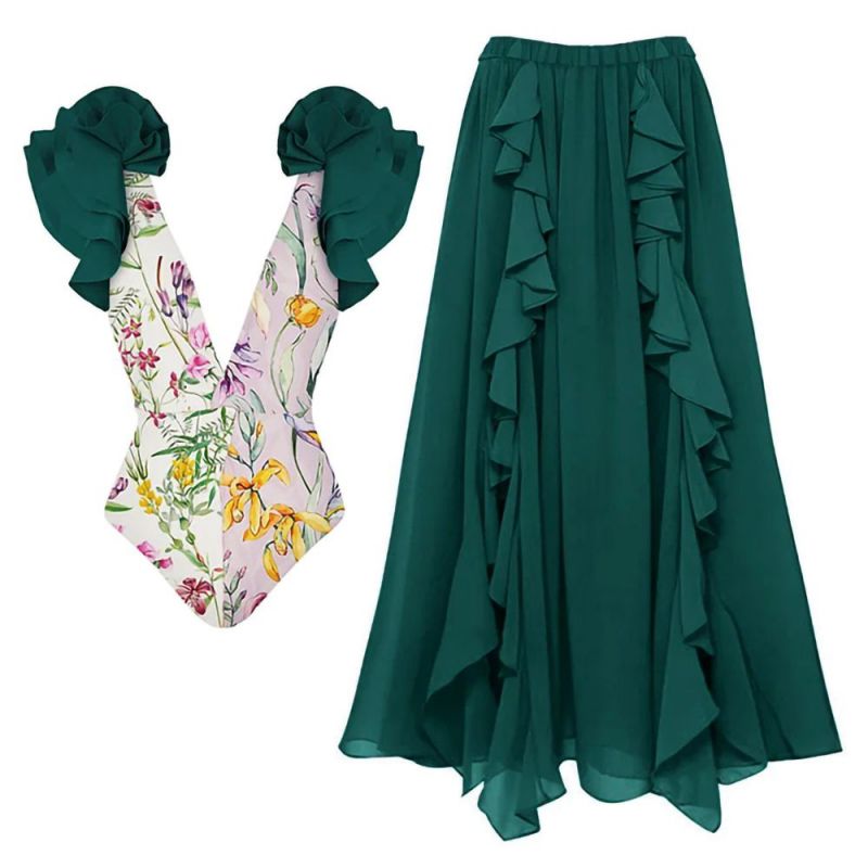 Fashion Green Suit Polyester Printed One-piece Swimsuit Pleated Skirt Set