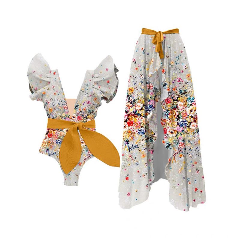 Fashion Yellow Suit Polyester Printed One Piece Swimsuit Beach Skirt Set