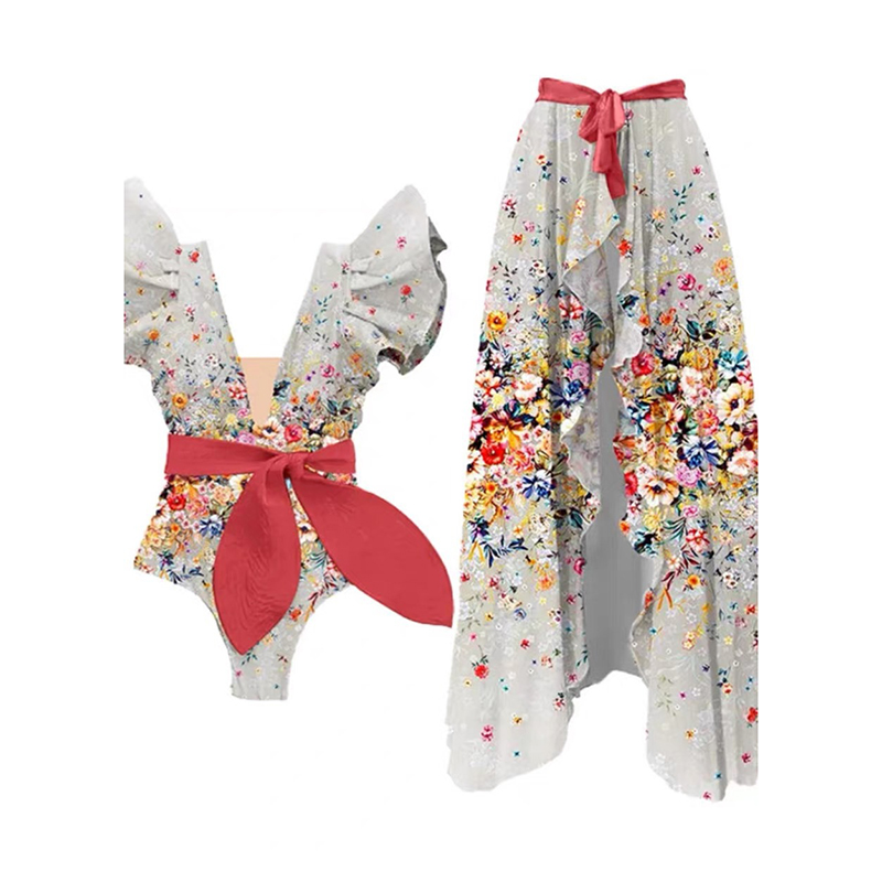 Fashion Red Suit Polyester Printed One Piece Swimsuit Beach Skirt Set