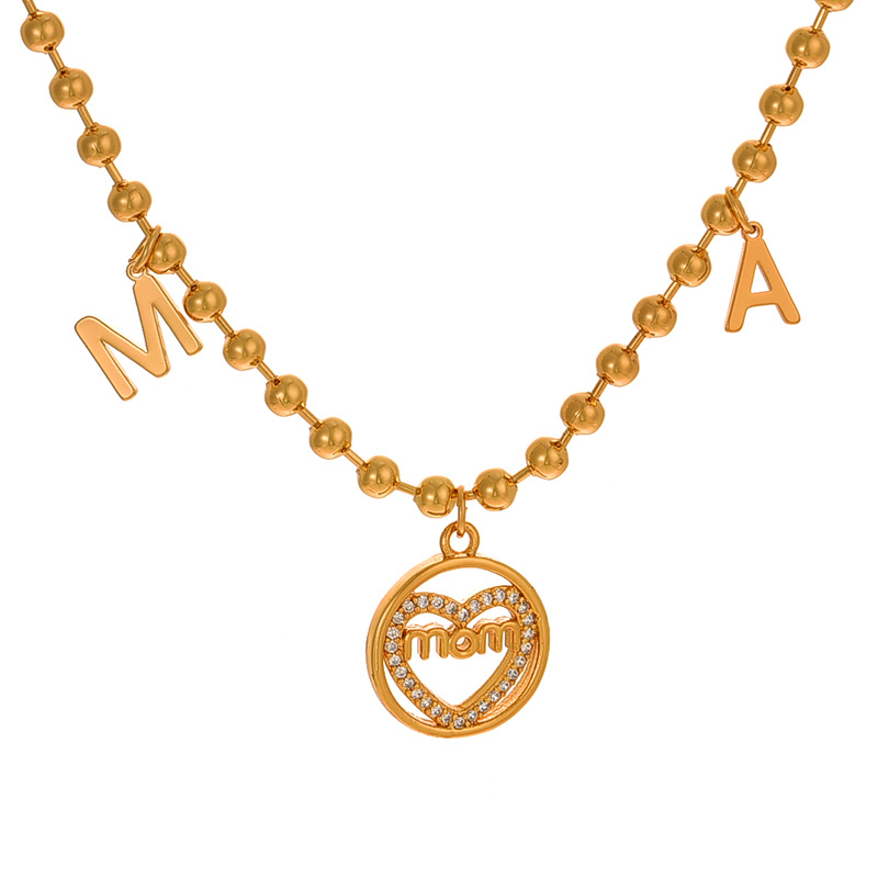 Fashion Gold Copper Inlaid Zircon Love Letter Mom Pendant Bead Necklace (3mm)