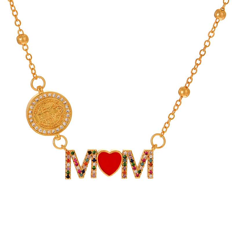 Fashion Color Copper Inlaid Zircon Drop Oil Letter Mom Round Portrait Pendant Bead Necklace
